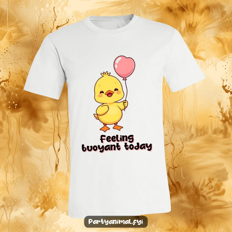 Funny yellow duck holding a balloon, joyfully bobbing its head, embodying a carefree and happy spirit.