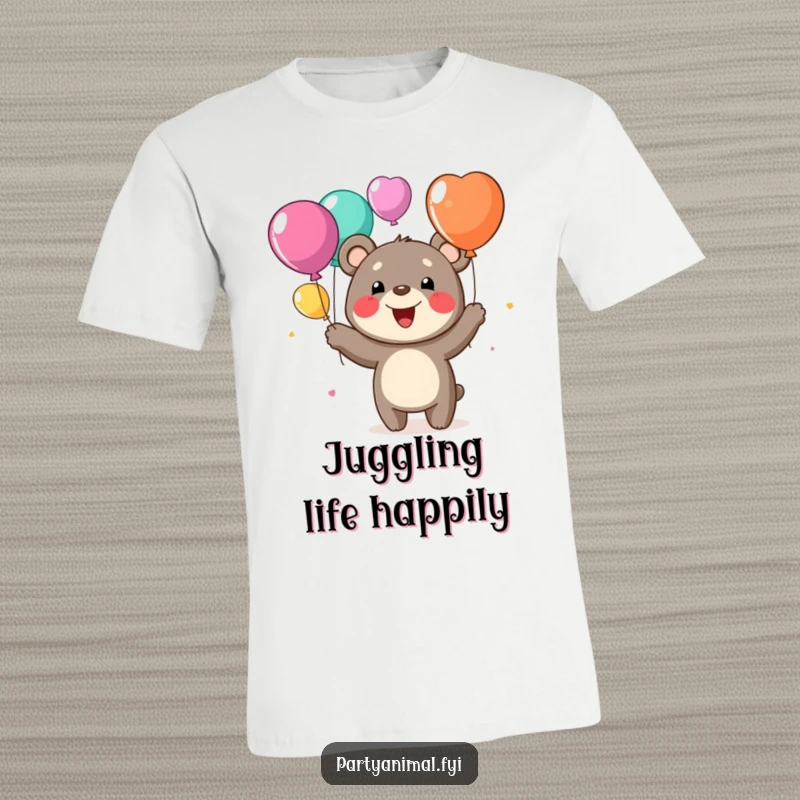 Funny t-shirt featuring a cheerful bear character with a big grin, juggling several colorful balloons, embodying pure joy.
