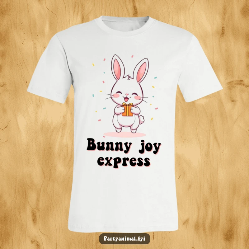 Funny T-Shirt of a happy, bouncing bunny amidst falling confetti, holding a tiny gift.