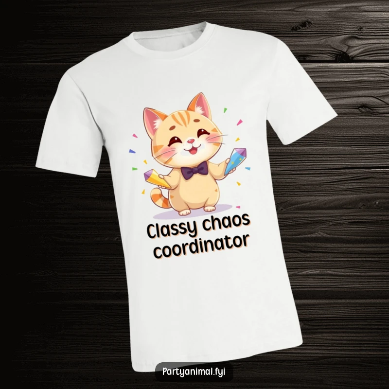 Funny t-shirt featuring a smiling cat in a bow tie, energetically juggling three vibrant confetti cones, ready to party.
