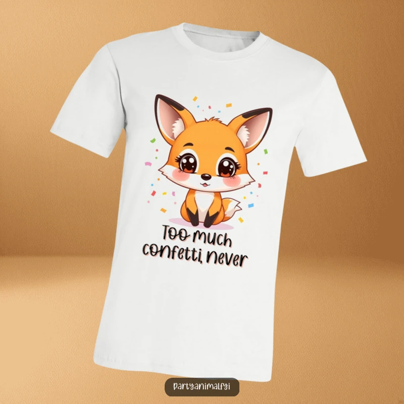 Funny T-shirt with a wide-eyed fox character artistically juggling a cascade of colorful confetti, embodying pure unadulterated fun.