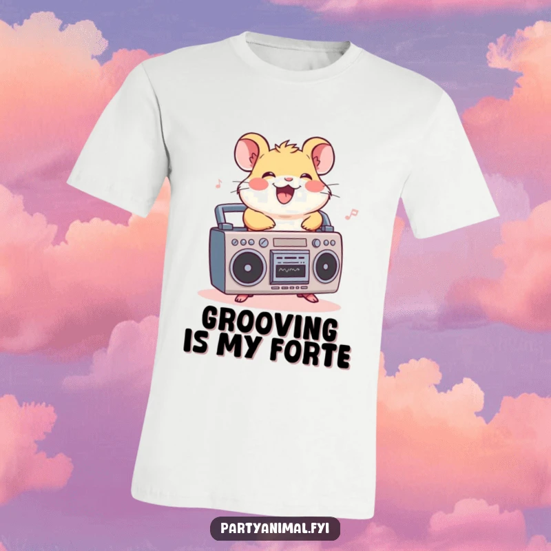 Funny t-shirt with a cheerful hamster riding a miniature boombox, grooving to music, radiating fun and energy, an ideal silly gift.