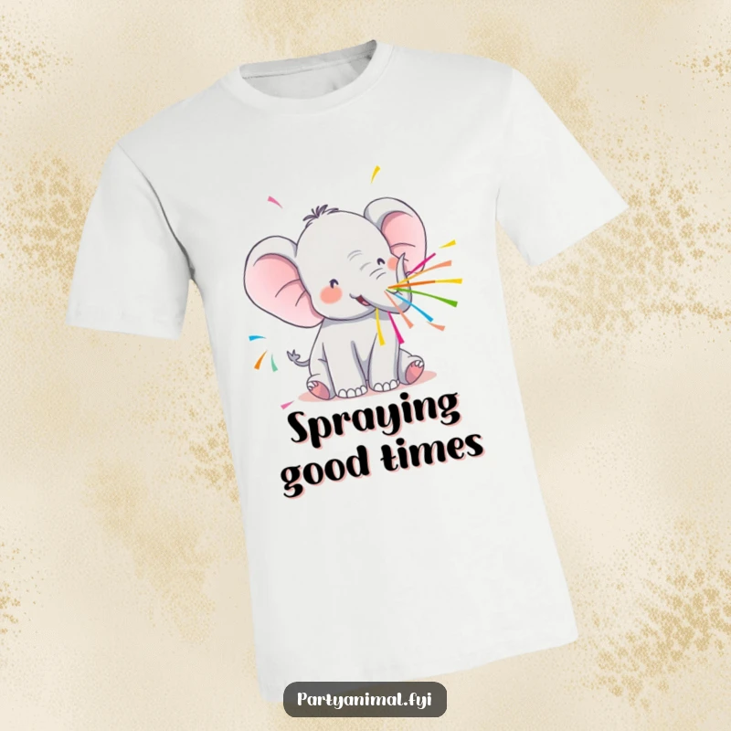 Funny Kawaii Elephant T-Shirt: Adorable elephant spraying colorful streamers, exuding playful celebration and fun.
