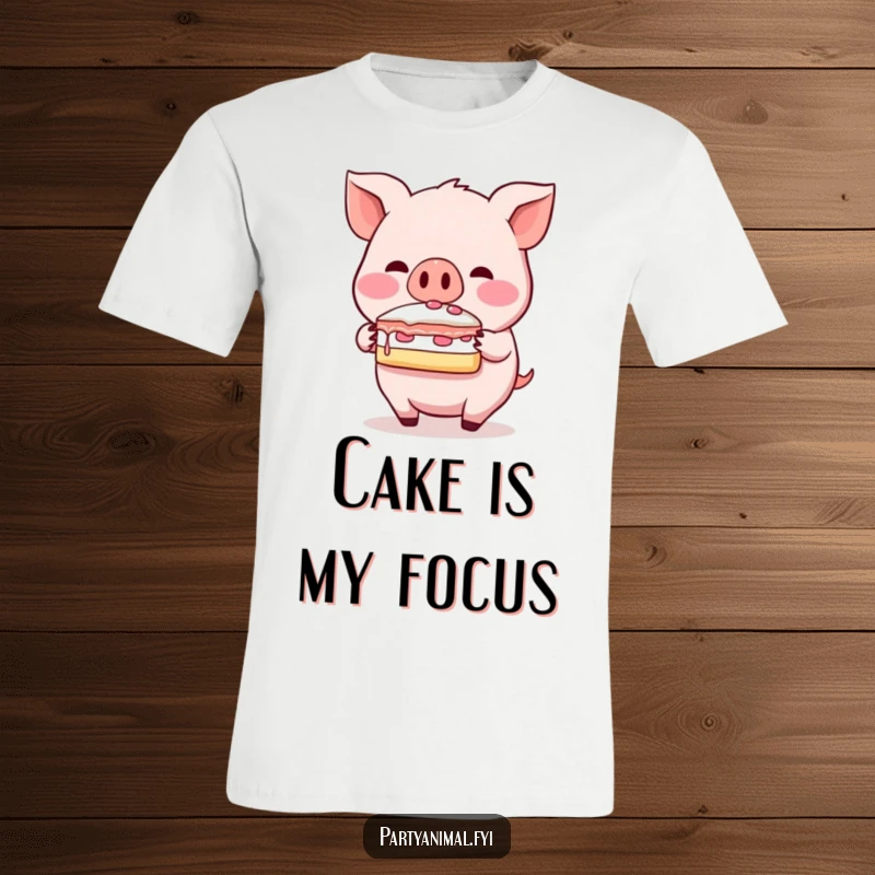 Funny t-shirt with a blushing pig character balancing a slice of cake on its snout, looking cute and slightly embarrassed, an ideal silly gift.