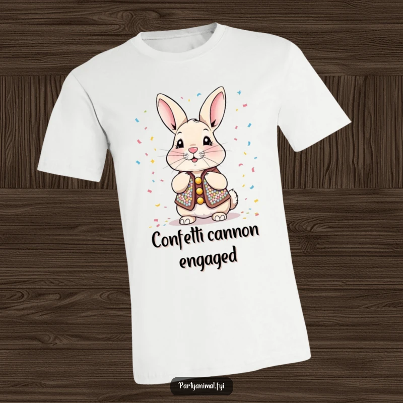 Funny T-Shirt showcasing a dapper rabbit in a sequined vest, joyfully blowing a stream of confetti, radiating pure party energy and fun.