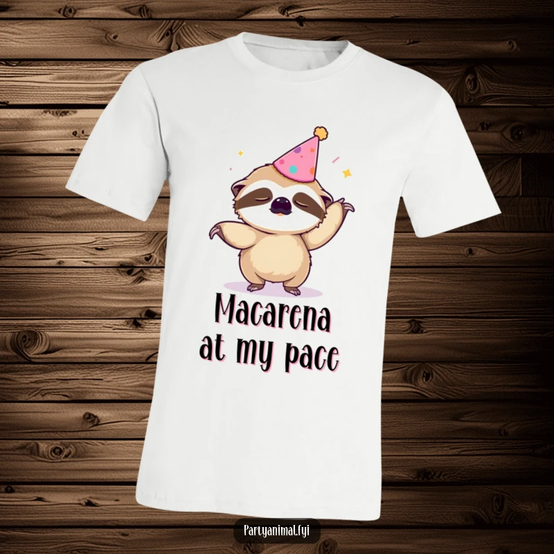 Funny t-shirt graphic of a sleepy sloth wearing a party hat, attempting a slow and humorous Macarena dance.
