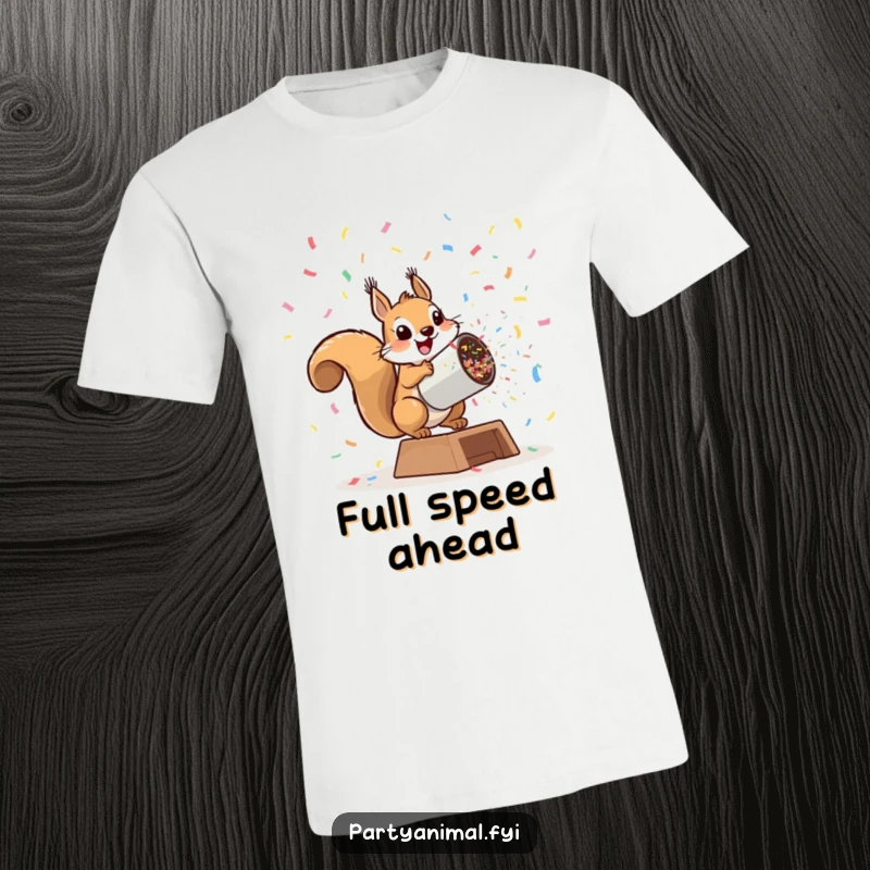 Funny playful squirrel launching from a giant confetti cannon on a t-shirt, embodying explosive energy and fun, a perfect funny gift.