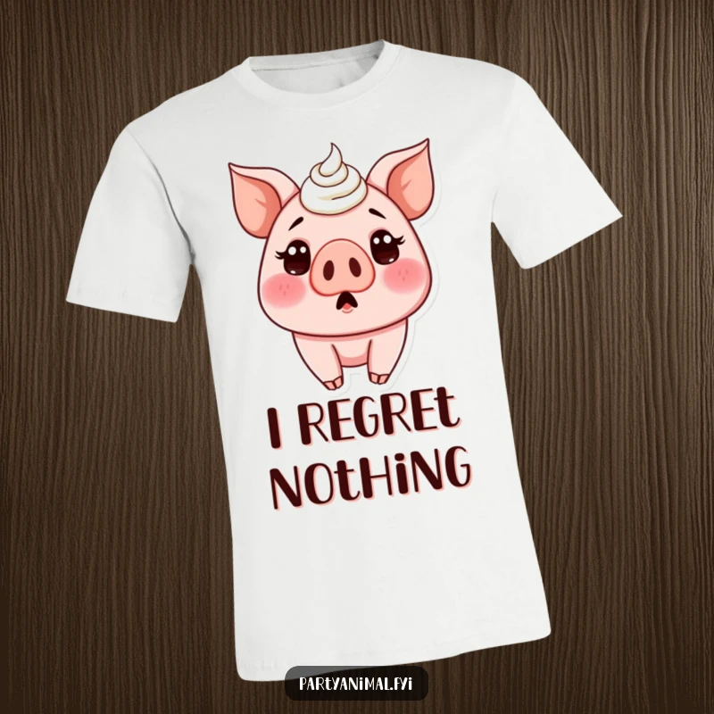 Funny t-shirt with a surprised pig character that has a large smudge of delicious cake frosting on its nose, looking shocked.