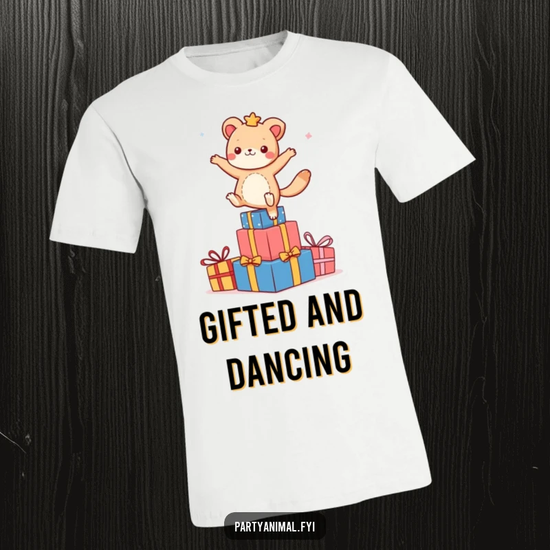 Funny animal character energetically dancing atop a stack of colorful presents on a t-shirt, symbolizing pure celebration and fun.