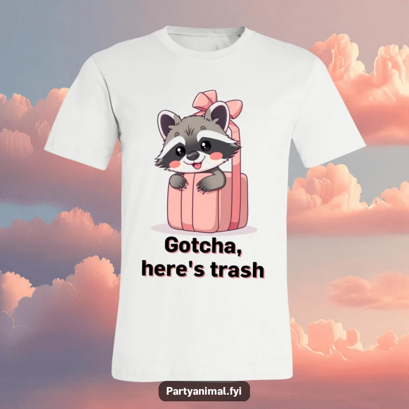 Funny raccoon t-shirt with a giggling raccoon peeking from behind a giant unwrapped gift, embodying surprise and joy.