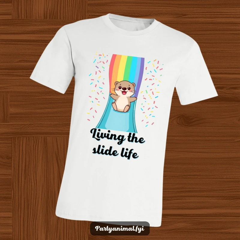 Funny T-shirt showcasing a happy otter character joyfully sliding down a vibrant rainbow confetti slide, radiating pure, infectious cheerfulness.