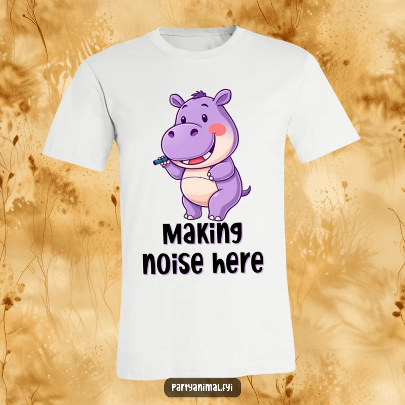 Funny T-Shirt depicting a purple hippo character joyfully twirling a noisemaker with a wide, infectious smile.