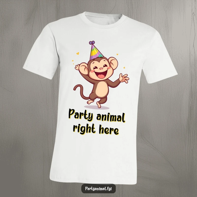 Funny monkey wearing a silly party hat, dancing wildly on a t-shirt, capturing chaotic party energy, perfect for a funny gift.