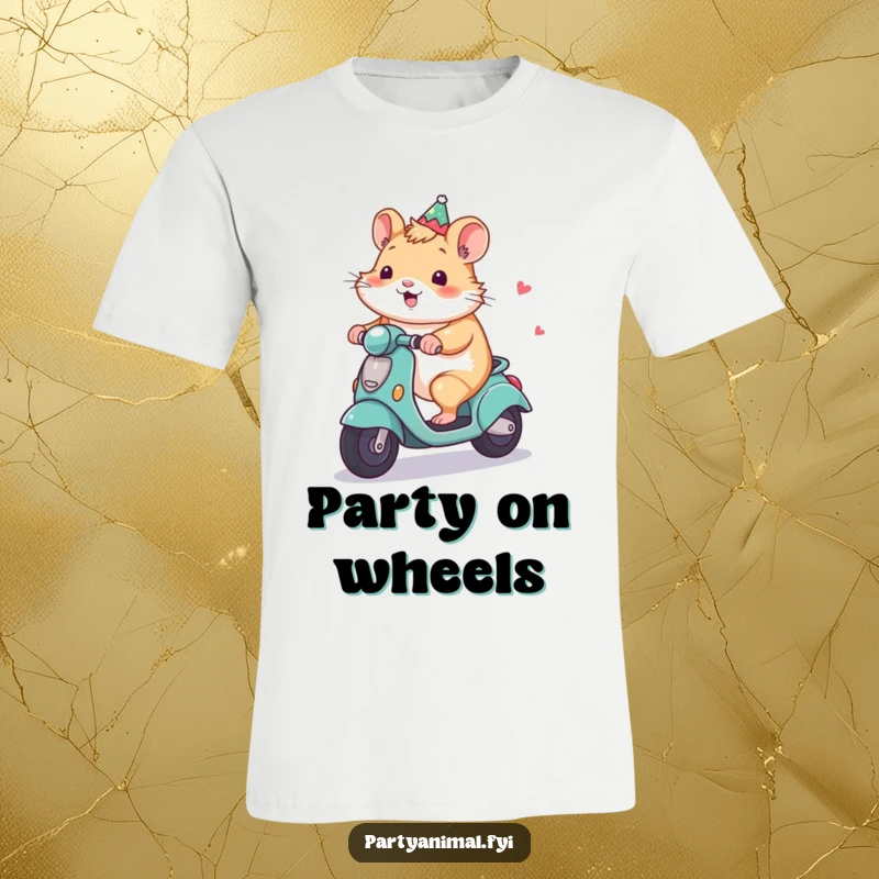Funny Hamster T-Shirt: A cheerful hamster rides a miniature decorated party scooter, embodying fun, speed, and playful energy.