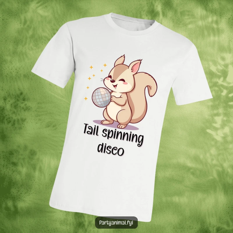 Funny t-shirt graphic of a hyperactive squirrel tail spinning a shiny disco ball, creating a vibrant, party atmosphere.