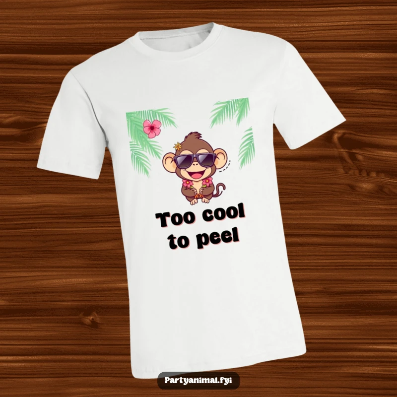 Funny joyful monkey character wearing stylish sunglasses and a lei on this cool and humorous t-shirt.