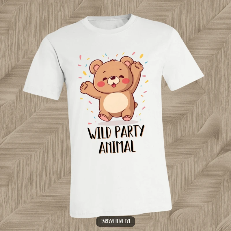 A chubby bear is captured mid-dance, with confetti falling, on a fun and funny t-shirt designed for celebration.