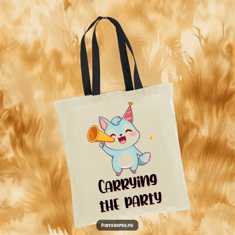 Funny tote bag with a jubilant animal character loudly blowing a party horn, embodying festive cheer.