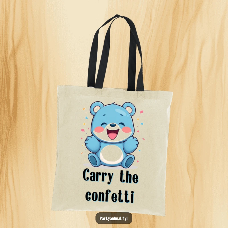 Funny blue bear joyfully launching confetti, a festive and vibrant accessory for carrying daily essentials.