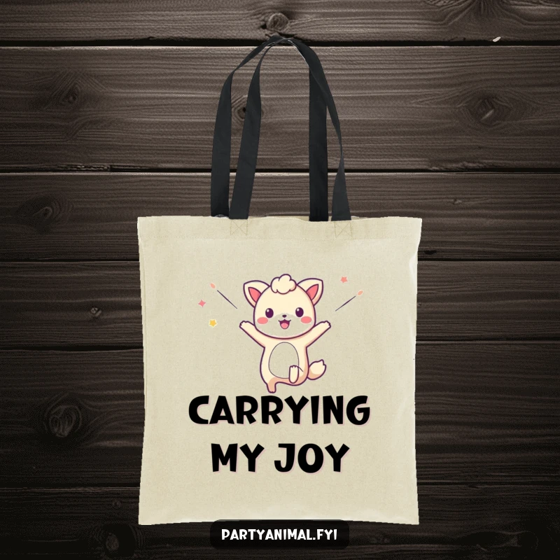 Funny tote bag with a joyful animal character captured mid-leap, surrounded by a festive explosion of flying streamers.