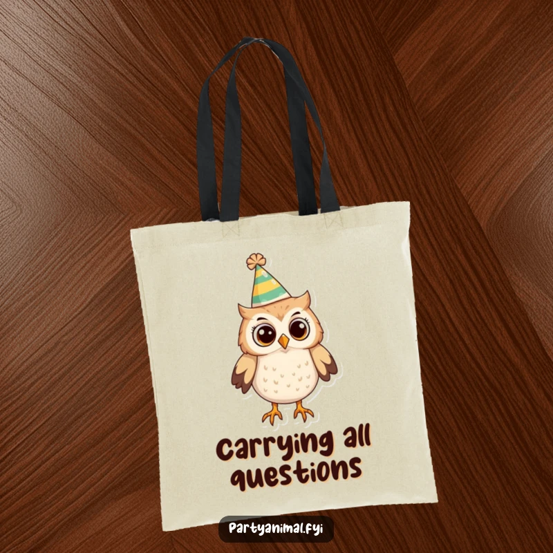 Funny Owl Tote Bag: A curious owl wearing a funny party hat looks around, making this bag a stylish and whimsical accessory.