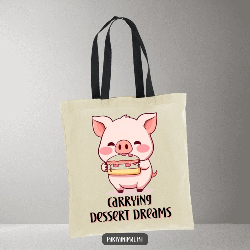 Funny tote bag with a blushing pig character balancing a slice of cake on its snout, perfect for carrying goodies in style.