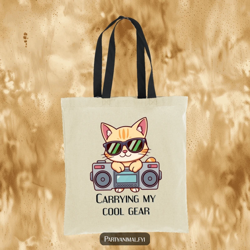 Funny tote bag depicting a sunglasses-wearing cat striking a cool pose on a boombox, ready to carry your essentials in style.