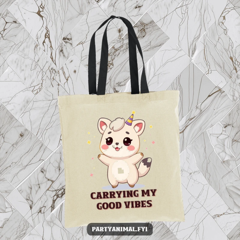 Funny animal character bouncing energetically under colorful party lights, printed on a durable tote bag for carrying celebratory vibes.