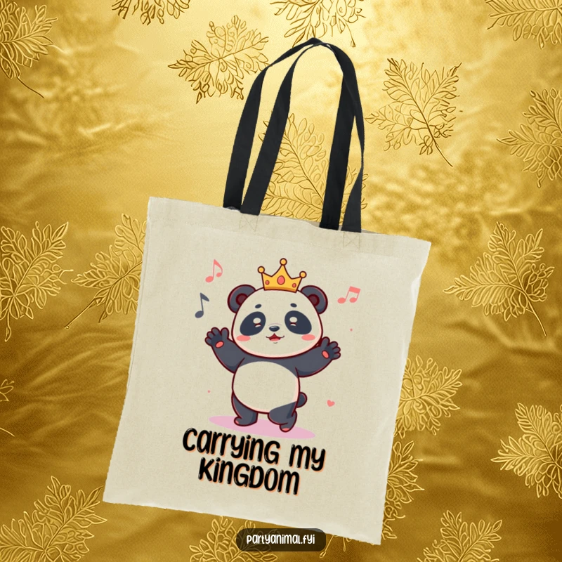 Funny tote bag featuring a crowned panda character joyfully dancing, perfect for music lovers and those who appreciate cute royalty.