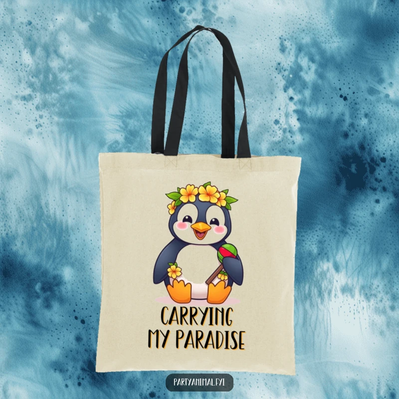 Funny tote bag featuring a penguin wearing a lei and shaking maracas, perfect for carrying beach essentials.