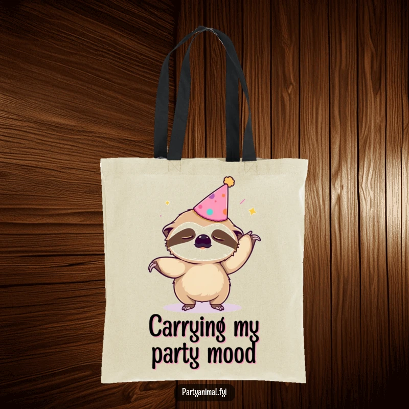 Funny tote bag featuring a sleepy sloth in a party hat doing the Macarena, perfect for carrying daily items.