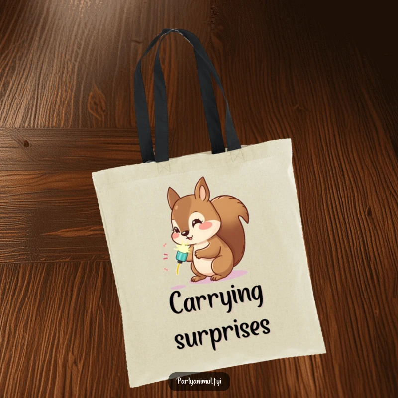 Funny Kawaii Squirrel Tote Bag: Cute squirrel examining a glowing party popper, a humorous and practical companion for discoveries.