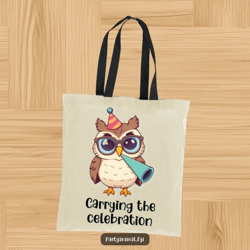 Funny Owl Glasses Party Horn Tote Bag: A smiling owl in big glasses blows a party horn exuberantly, a stylish and fun accessory for carrying essentials.