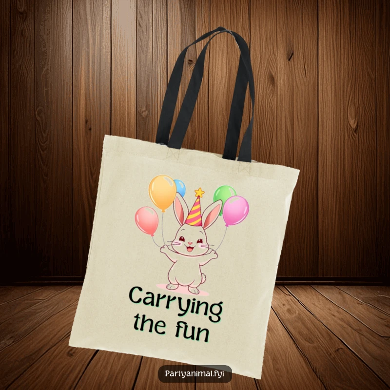 A smiling bunny in a party hat juggles colorful balloons on a practical and funny tote bag, ready for any event.