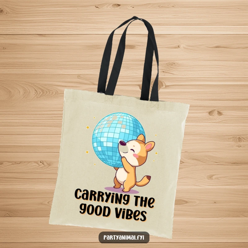 Funny Tote Bag: An animal character bounces a giant disco ball with its nose, bringing disco fun everywhere.