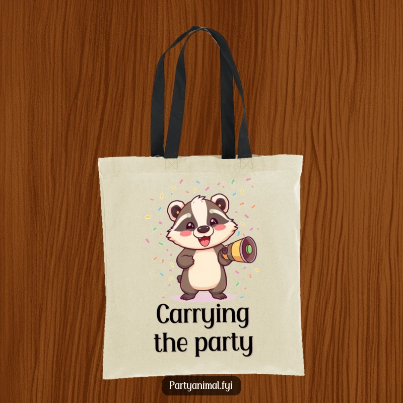 Funny Badger Tote Bag: A joyful badger explodes from a confetti cannon, making this bag a vibrant symbol of celebration and fun.