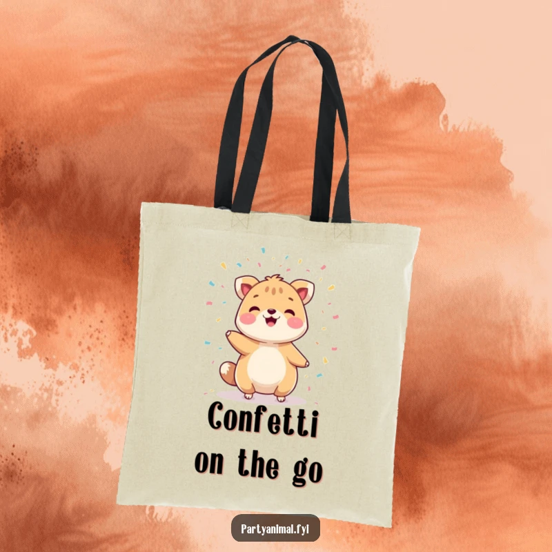Funny tote bag showcasing a cheerful animal character mid-juggle with bright, scattered confetti, adding humor to errands.