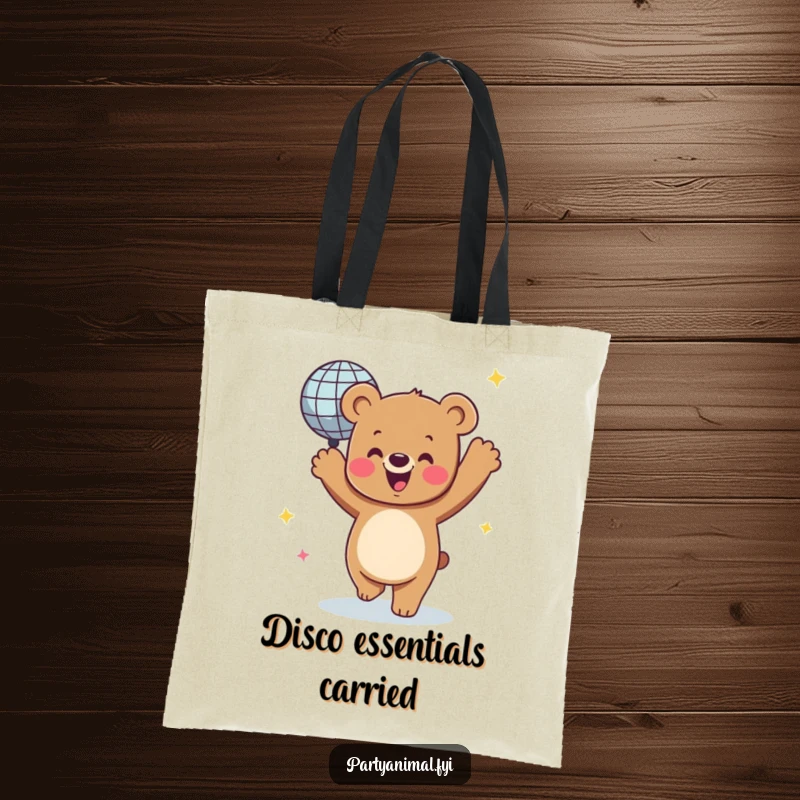 Funny tote bag depicting a joyful bear character dancing under a sparkling, spinning disco ball, ready for any celebration.