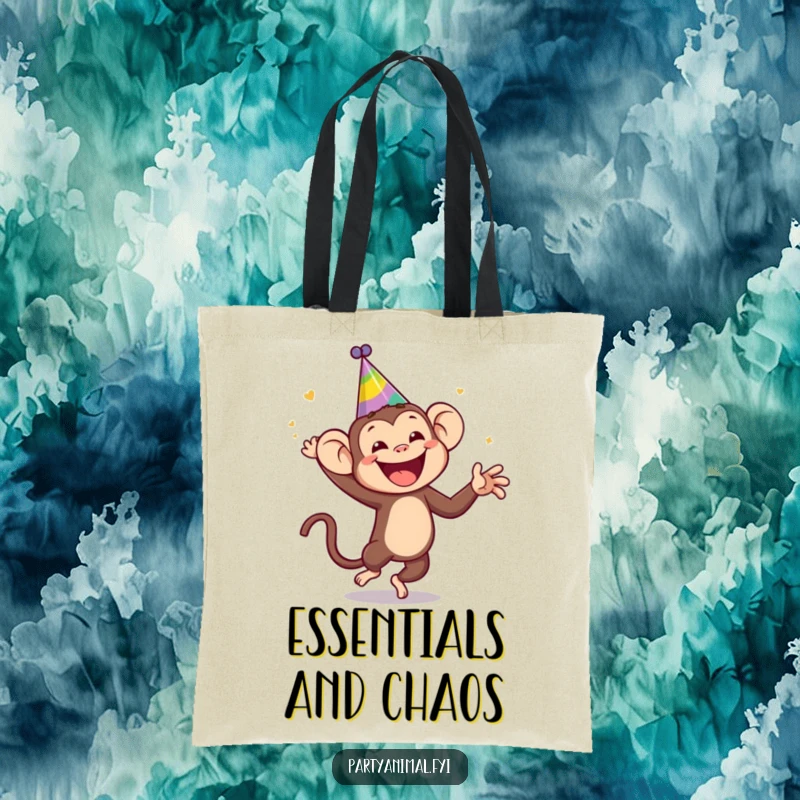 Funny monkey wearing a silly party hat, dancing wildly on a tote bag, ideal for carrying party supplies or groceries with humor, a funny gift.