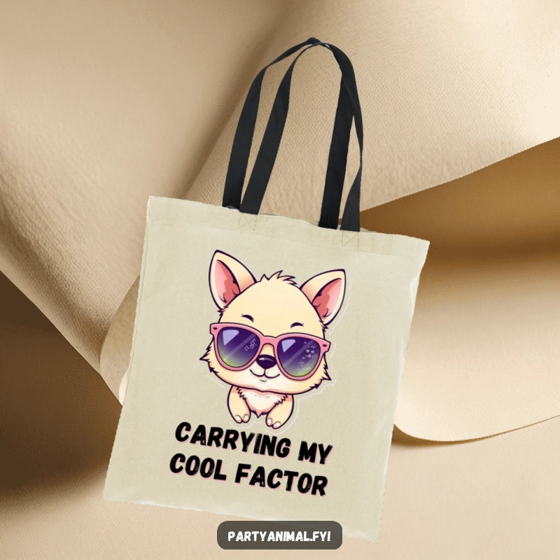 Funny animal character winking in oversized, sparkling sunglasses on a tote bag, showcasing a humorous and fashionable accessory.
