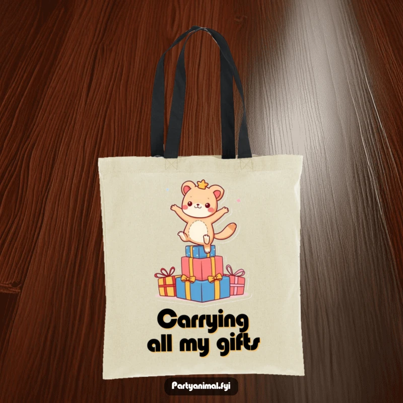 Funny animal character dancing on a stack of colorful presents on a tote bag, a functional accessory radiating festive energy.
