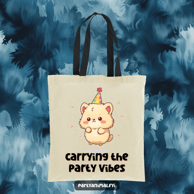Funny Tote Bag: A tiny, fluffy animal character in a party hat spins wildly, symbolizing endless fun and celebration.
