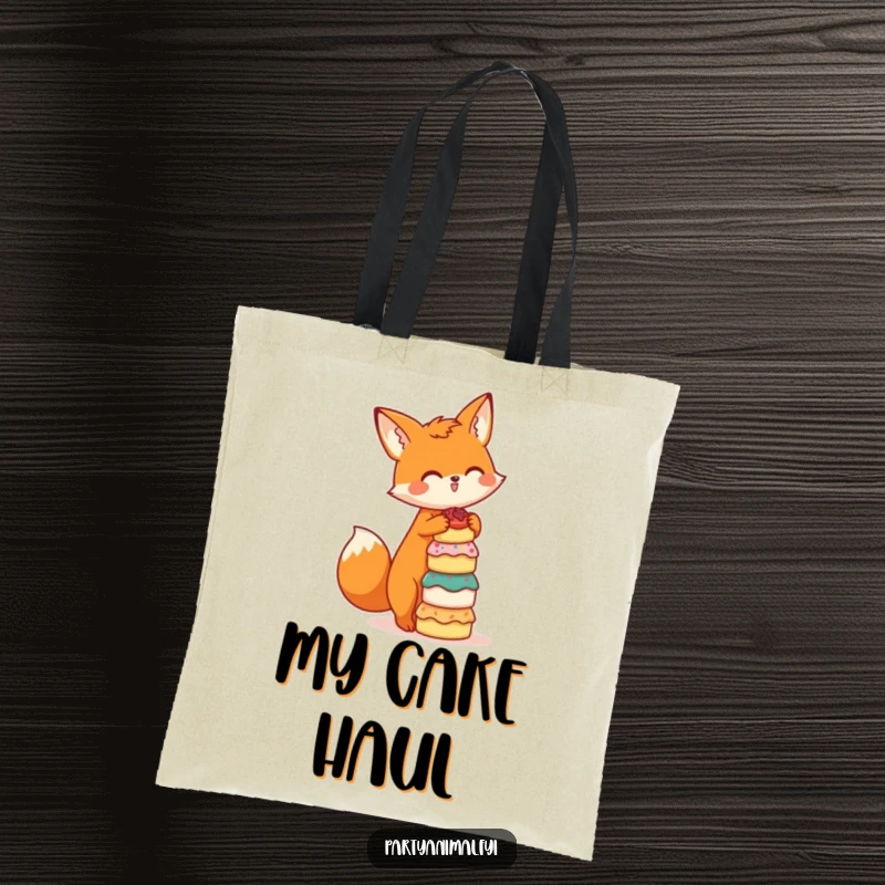 Funny tote bag featuring a cute orange fox character balancing a colorful stack of mini cakes, ready for a day of adventures.