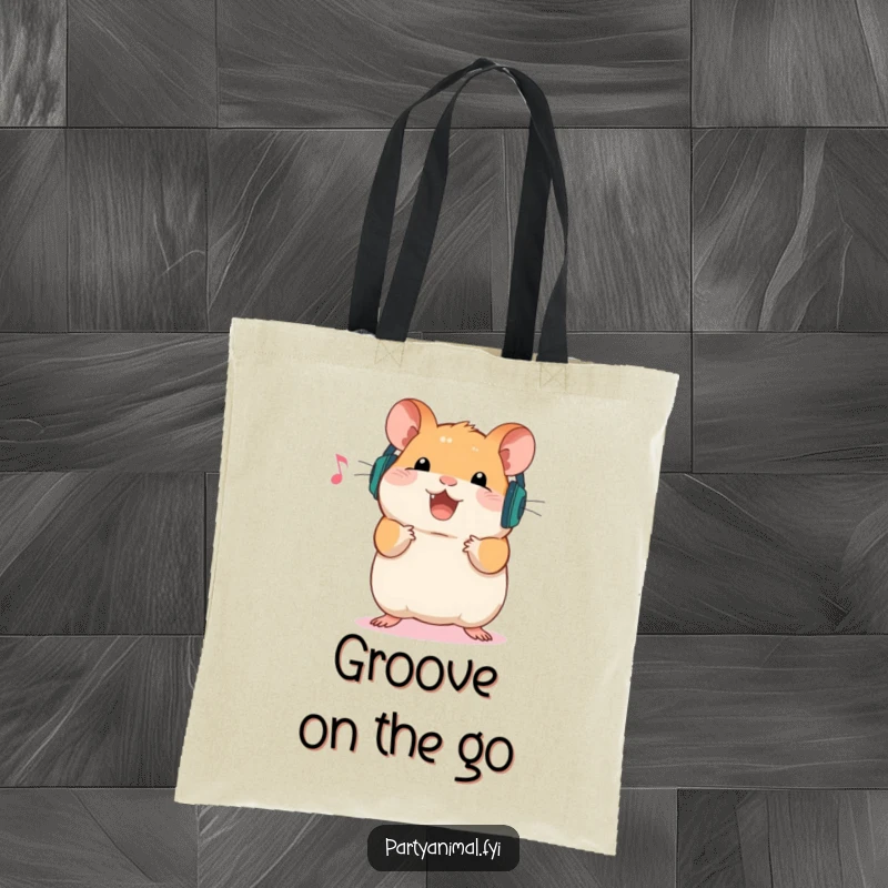 Funny Tote Bag with a happy hamster wearing headphones, ready to bounce to music, combining practicality with a vibrant, musical theme.