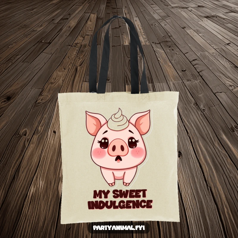 Funny tote bag featuring a shocked pig character with its nose completely covered in fluffy cake frosting, ready for errands.