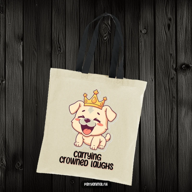 Funny tote bag depicting a playful puppy wearing a crown, roaring with laughter, ready to carry your essentials with regal humor.