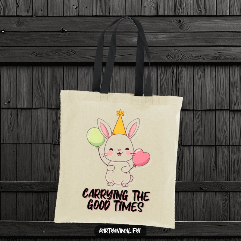Funny tote bag with a cheerful rabbit character in a party hat holding a balloon, ideal for carrying party supplies.