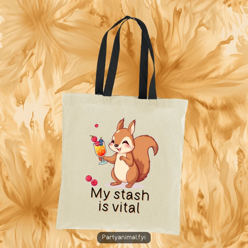 Funny reusable tote bag depicting a dexterous squirrel juggling tiny berry cocktails, great for shopping or carrying daily items.