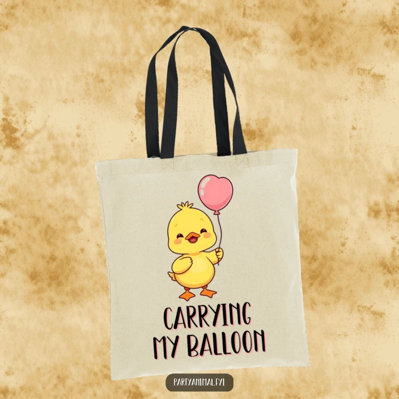 Funny yellow duck holding a balloon, happily bobbing its head, a cheerful and vibrant accessory.