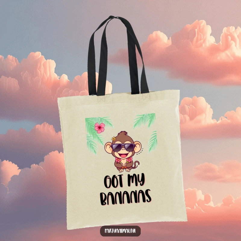 Funny joyful monkey character wearing sunglasses and a lei on a practical and humorous tote bag.